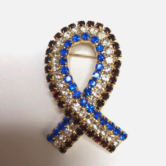 Jewelry - Red Blue & Clear Rhinestone Awareness Ribbon Pin Brooch Gold-Tone Metal